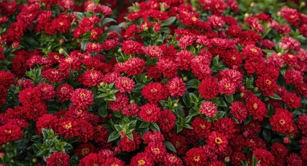 Elegant red chrysanthemums growing in flourishing spring season