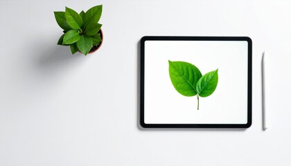 タブレットに表示された緑の葉と観葉植物