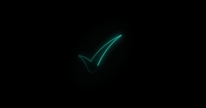 Neon approval check mark icon animation. Glowing neon tick mark icon animation. On a grid black screen web design tick success done accept complete animation