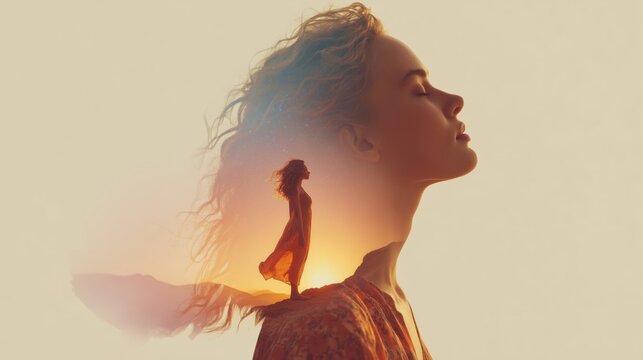 Double exposure artistic portrait of a woman with sunset mountain landscape.