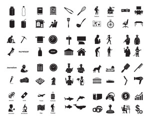 A comprehensive set of black and white silhouette icons is arranged in a grid, highlighting themes of journalism, food, travel, and technology. © Syed  39