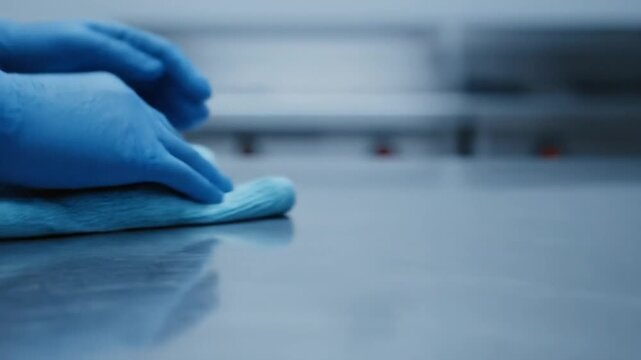 Hand wipes surface with blue glove.