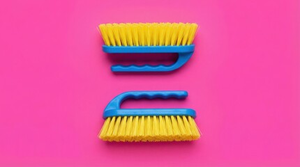 Two colorful plastic scrubbing brushes for household cleaning on a vibrant pink background.