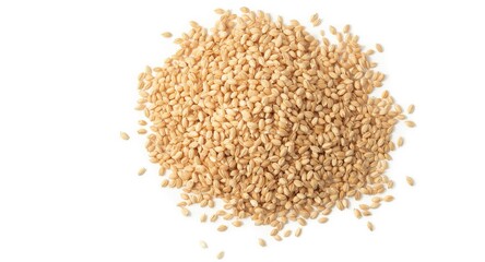 Natural spelt grains loosely piled on a spotless white backdrop