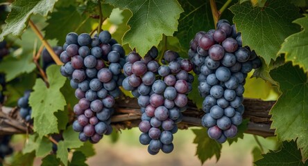 Naklejka premium Bountiful ripe grapes clustered on thriving grapevine leaves