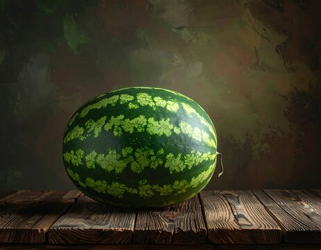 Ripe green watermelon sits on a rustic wooden surface against a mottled brown backdrop