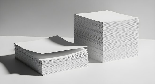 Stacks of white paper sheets on a clean surface, minimalistic office supplies