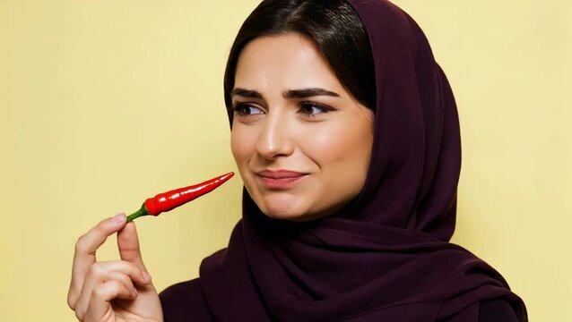 Woman in hijab smelling a red chili pepper with a curious expression on a yellow background.