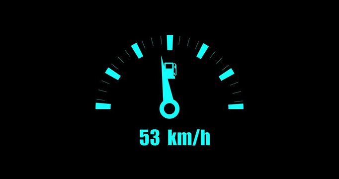 Fuel tank analog meter animation on transparent background. Animated vehicle fuel gauge moving up and down animation. Display shows 0 to 120 and indicating a fuel level reading
