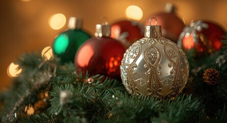 Fototapeta premium Shimmering Christmas ornaments in a warm holiday setting