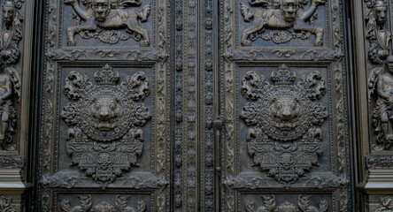 Close up of a large bronze door with intricate lion designs flanked by detailed statues
