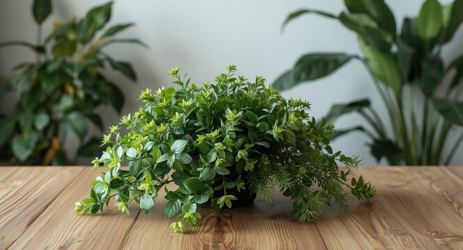 Artificial greenery placed on wooden table complementing environmentally aware room