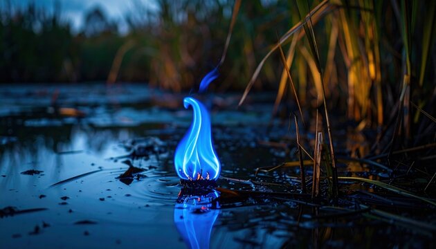 Ethereal blue will-o'-the-wisp glows brightly in a dark swamp environment with reflections on the water