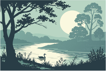 Moonlight enchanted lake cartoon background simple vector illustration