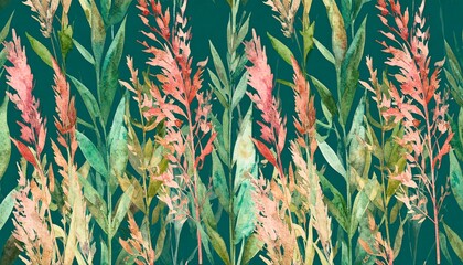 Vibrant red and green wild grass leaves in natural sunlight botanical meadow background