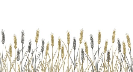 Fototapeta premium Decorative bakery packaging border with hand drawn wheat spikelets in monochrome and gold sketch