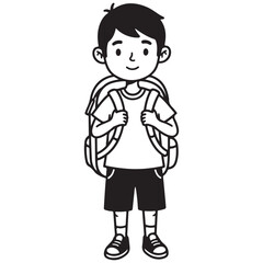 Obraz premium Black and White Illustration of a Smiling Boy Wearing a Backpack