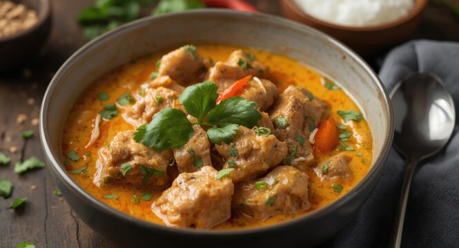 Creamy Panang curry blending pork with rich coconut flavors