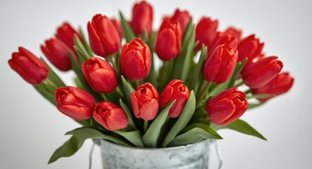Close up vibrant red tulips arranged in metal bucket on white background