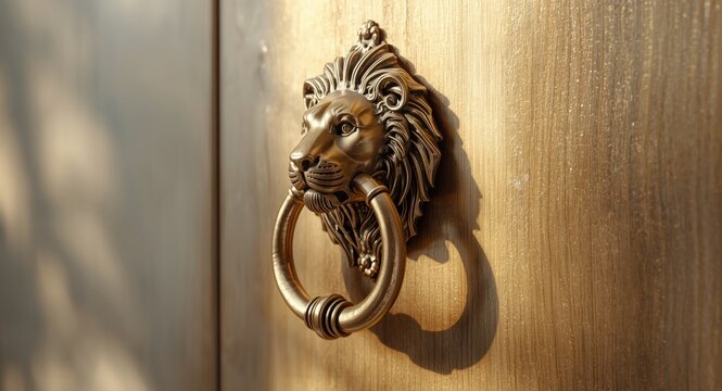 Photorealistic 3D portrayal of a vintage door pull with a lion shaped knocker