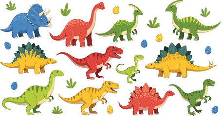 Colorful Dinosaur Cartoon Collection with T Rex, Triceratops, Stegosaurus and Other Prehistoric Dinosaurs Vector Illustration Set © MstBobita