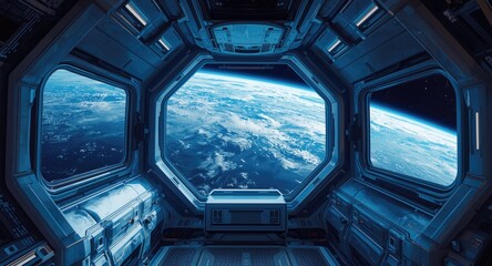 blue and white spaceship cabin design with a breathtaking Earth backdrop from space