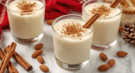 Obraz premium Classic Christmas eggnog containing eggs, rum, and cinnamon with almonds on a white surface