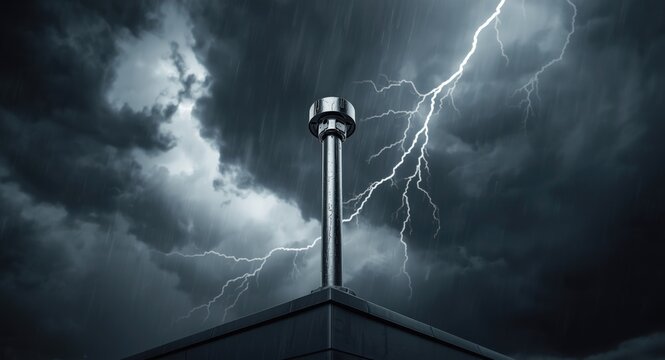 Detailed close up of lightning protection rod mounted on commercial rooftop under dark storm skies