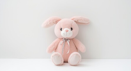 Obraz premium Adorable pink bunny plush toy on a clean white backdrop perfect for Easter celebrations