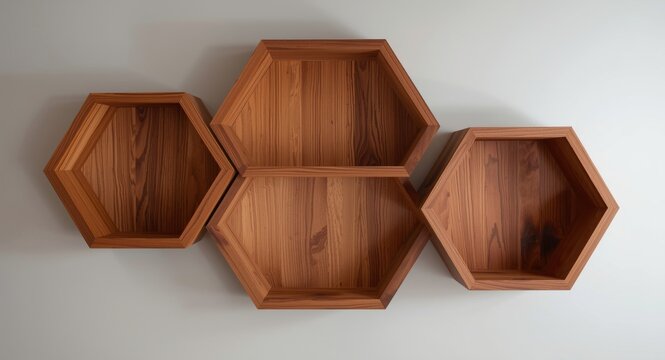 Dutch style solid teak wood shelves in hexagonal design