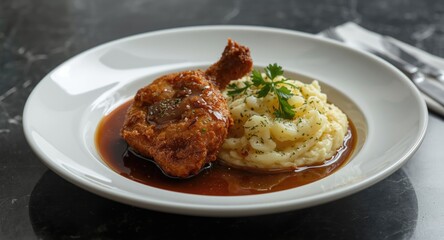 Crispy fried chicken liver served with rich mashed potatoes and herbs on a plate