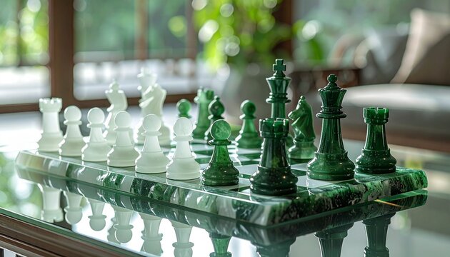 A jade and glass chess set sits on a polished glass table, indoors
