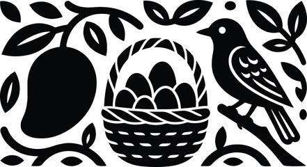 Black and white minimalist vector illustration of a bird on a branch next to a wicker basket filled with eggs and mangoes. © MdHasanAli