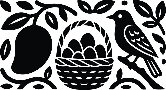 Black and white minimalist vector illustration of a bird on a branch next to a wicker basket filled with eggs and mangoes.
