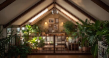 Fototapeta premium Soft blurred background complements the gabled ceiling and lush potted plants in the mezzanine living area