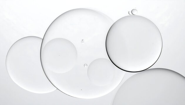 Transparent, spherical oil droplets on a white surface, displaying intricate refractions and a clean, minimalist aesthetic