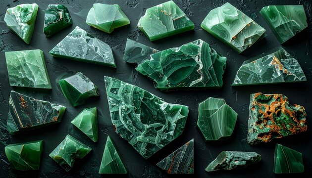 Scattered collection of rough, green gemstones on a dark surface