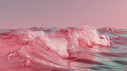 ピンク色の背景に広がるクリスタルな水しぶきと波（美容・化粧品・潤い素材）