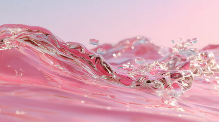 ピンク色の背景に広がるクリスタルな水しぶきと波（美容・化粧品・潤い素材）
