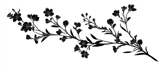 Fototapeta premium black silhouette of a simple, curved branch with leaves, vector illustration isolated on a white background, in a hand-drawn doodle style, with a flat design, minimalism, simple lines, vector graphics