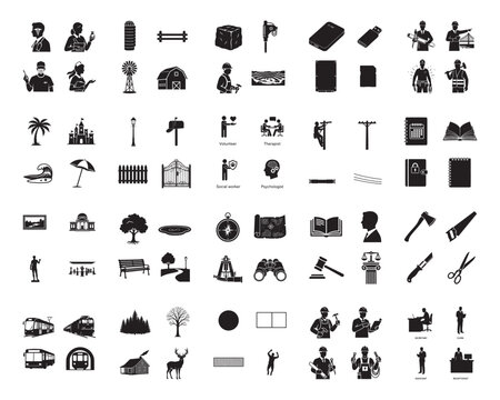 A collection of various black silhouettes on a white background, showcasing everyday objects and people in silhouette mode