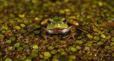 Obraz premium Close perspective of a cheerful frog on dense, vibrant pond algae