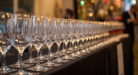Naklejka premium Elegant wine glasses in a row on a buffet table at a lively wine tasting event wide banner