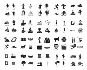 Obraz premium A collection of various black silhouettes on a white background, showcasing people, objects, and activities in silhouette mode
