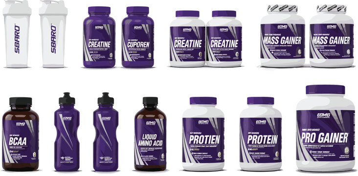 Fitness Supplements Collection with Protein Powder, Creatine, BCAA, Mass Gainer and Shaker Bottles Gym Nutrition Vector Set