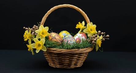 Obraz premium Decorative Easter basket holding painted eggs and narcissus blooms with catkins on dark background