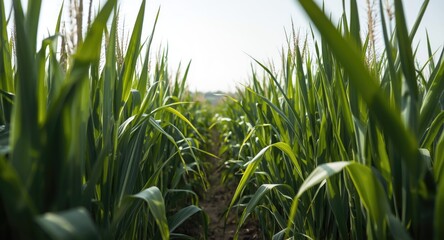 Fototapeta premium Close up perspective of spring green corn crops thriving in agricultural field