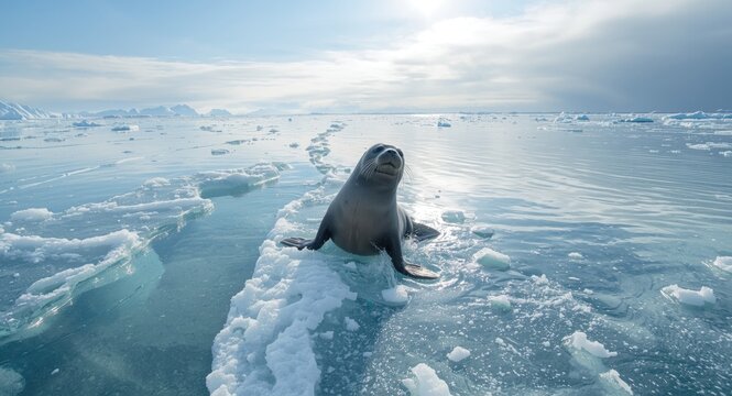 Adorable lake Baikal seal playing near ice cracks on a cold day
