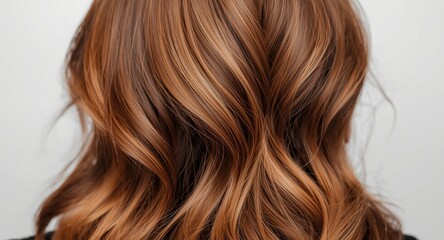 Fototapeta premium Bright caramel balayage styled on full thick wavy hair
