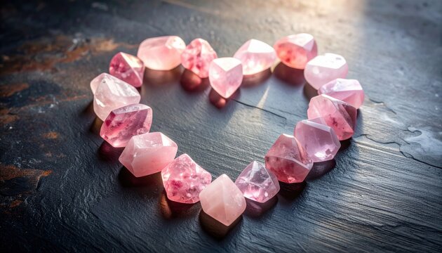 Heart shape of polished rose quartz crystals on a wooden surface, symbolizing love and healing energy